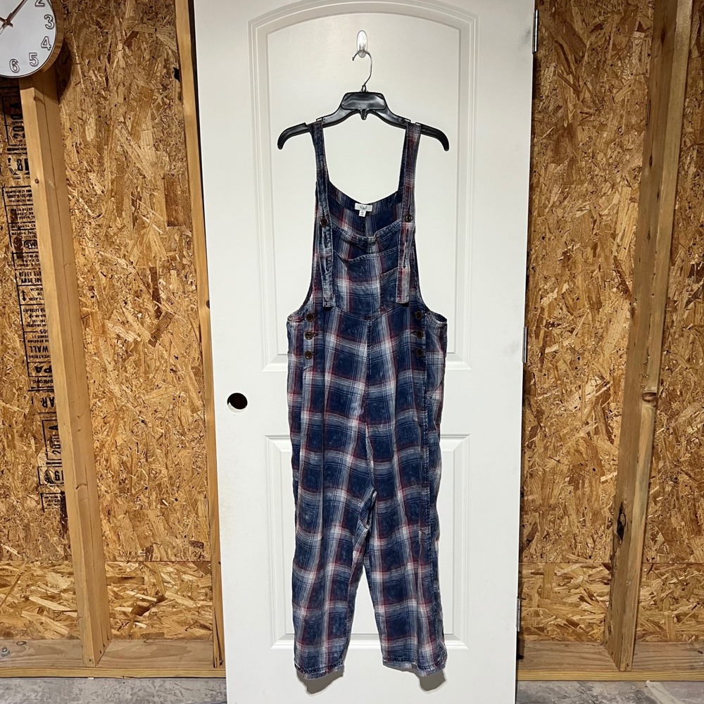 Easel Los Angeles Plaid Flannel Overalls Blue Red Acid Wash EB40341 Mens L